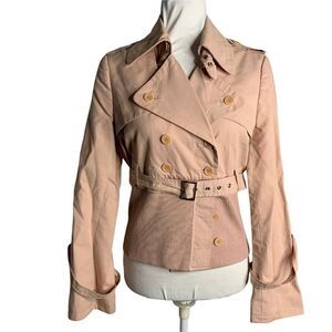 Vintage BCBG Button Front Jacket M Pink Belted Ribbed Knit Trim